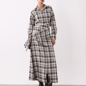 ASOS DESIGN midi shirt with scarf wrap in tan plaid