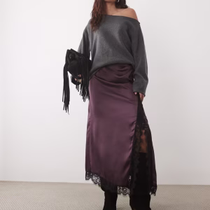 ASOS DESIGN lace insert high split satin midi skirt in brown