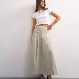Topshop twill pleated midi skirt with belt detail in gray