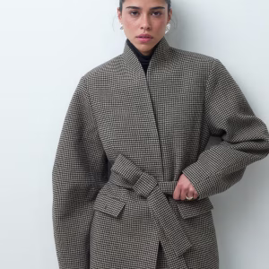 ASOS DESIGN Tailored high neck belted cocoon sleeve blazer in brown check