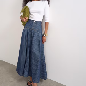 Topshop yoke pleated maxi skirt in indigo stripe