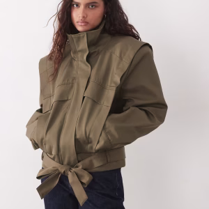 ASOS DESIGN funnel neck belted hem 80s sporty jacket in olive