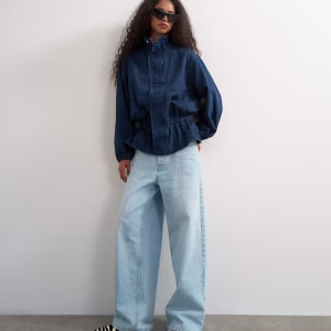 Topshop elastic waist funnel neck top in indigo