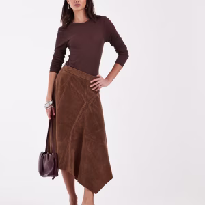 ONLY faux suede asymmetric midi skirt in brown