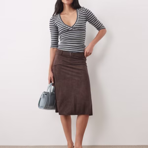 Motel Suzu faux suede buckle midi skirt in dark brown