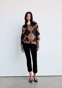 Diamond-pattern cardigan with scarf detail