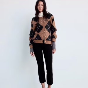 Diamond-pattern cardigan with scarf detail