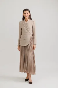 Accordian Pleat Blazer Dress - Tan