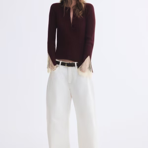 Lace-Trimmed Rib-Knit Cardigan