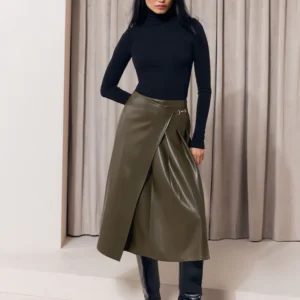 Lipsy Olive Green Faux Leather Gold Trim Pleated Midi Skirt