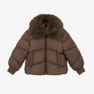Mayoral Girls Brown Puffer Jacket with Faux Fur Collar
