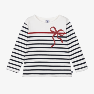 Petit Bateau Girls Blue Breton Stripe & Bow Cotton Top