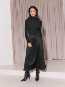 Lipsy Grey Cosy High Neck 2 In 1 Satin Dropped Asym Waist Midi Dress