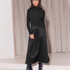 Lipsy Grey Cosy High Neck 2 In 1 Satin Dropped Asym Waist Midi Dress
