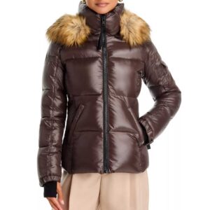 AQUA Gloss Faux Fur Trim Hooded Puffer Coat