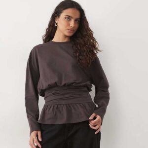 ASOS DESIGN flare long sleeve nipped waist t-shirt in brown
