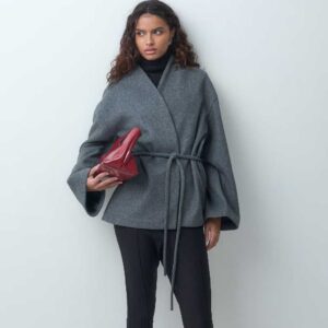 AWARE wrap front tie detail short jacket in dark gray melange