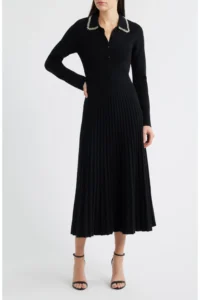 Penny Embellished Collar Pleated Long Sleeve Cashmere Sweater Dress Elie Tahari