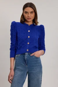 Karen Millen Cable Stitch Puff Sleeve Knit Cardigan