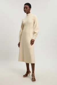 Karen Millen Wool Look Rounded Sleeve High Neck Knit Midi Dress