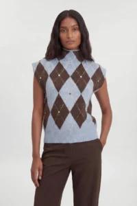 Karen Millen Studded Argyle Wool Blend Cosy Knitted Top