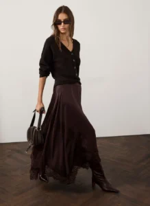 Brown Satin Lace Trim Midi Skirt