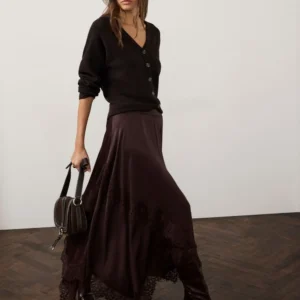 Brown Satin Lace Trim Midi Skirt