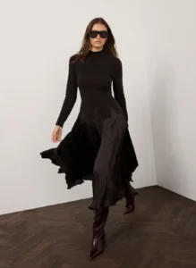 Brown Layered Drop Waist Knit Crinkle Midi Dress