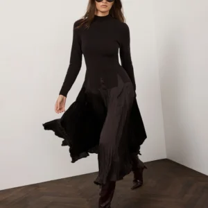 Brown Layered Drop Waist Knit Crinkle Midi Dress