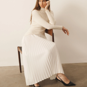 CERENE Bea Cream Long Sleeve Knit Bodice Pleated Skirt Dress