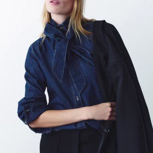 Scarf-Detail Denim Blouse