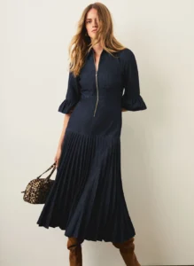 Dark Indigo Denim Pleated Midi Dress