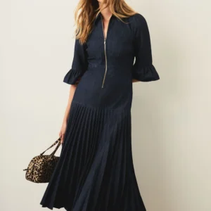 Dark Indigo Denim Pleated Midi Dress