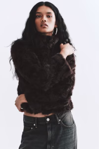Fluffy Jacket with Funnel Collar