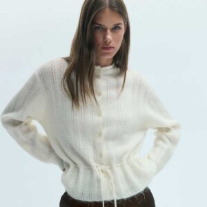 Drawstring-Detail Knit Cardigan Cream