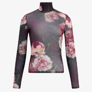 Floral Mesh Mock Neck Long Sleeve Top