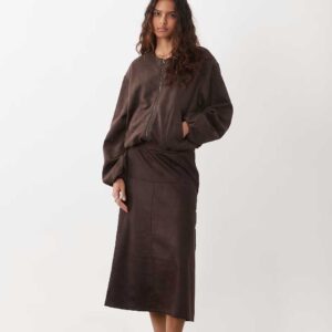 JDY faux suede midi skirt in brown