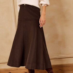 Love & Roses Chocolate Brown Drop Waist Cord Midi Skirt