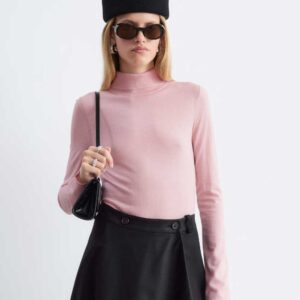 Merino Wool Polo Neck Top Pink