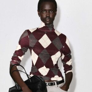 Merino Wool Turtleneck Top Brown / Gray / Argyle