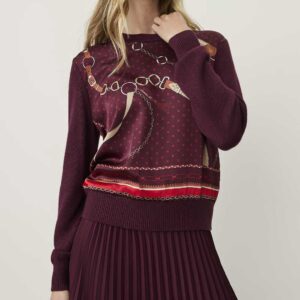 Printed Mixed Media Crew Neck Sweater A Purest Plum