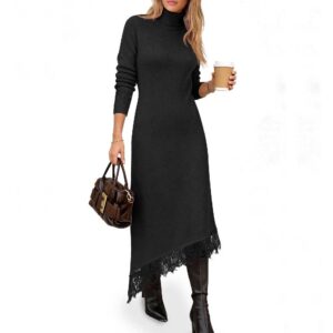Saodimallsu Turtleneck Sweater Dress Lace Patchwork Knit Midi Dress
