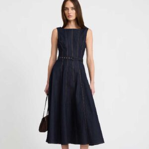 Stretch Denim Boat Neck Seamed Belted Midi Dress