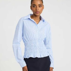 Striped Long Sleeve Smocked Shirt in Stretch Cotton