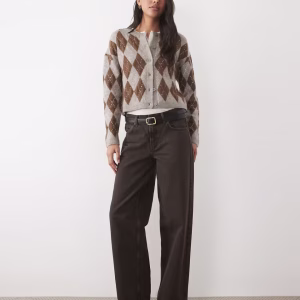 Brave Soul argyle print cardigan in mink and brown