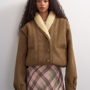 Topshop bonded shearling shawl collar in tan