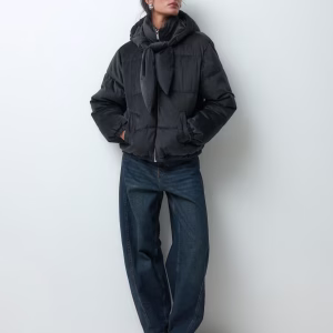 Miss Selfridge velvet tie neck puffer coat in black