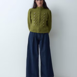 Miss Selfridge knitted zip through cardigan with military detail in olive