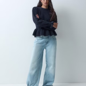 Miss Selfridge puff sleeve peplum sweater in navy