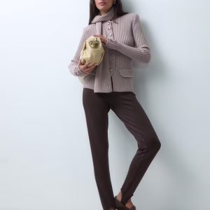 House of Sunny power peggy classic rib knit button up cardigan with scarf in taupe